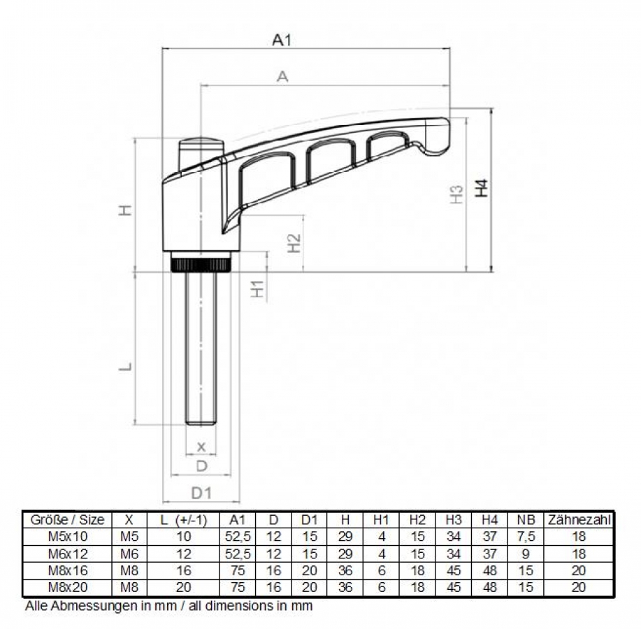 Locking Lever with external thread M8x12 made of plastic and steel